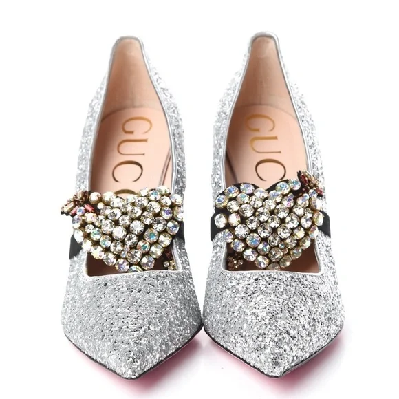 Gucci Argento silver glitter pumps with removable heart crystal detail - Picture 2 of 12